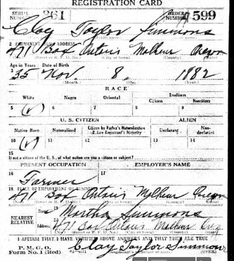 Simmons, Clay Taylor WWI Draft Registration Card